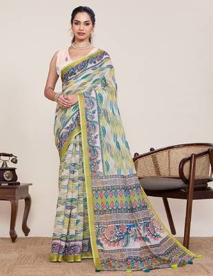 Parrot green digital print with jari border linan saree with blouse 2
