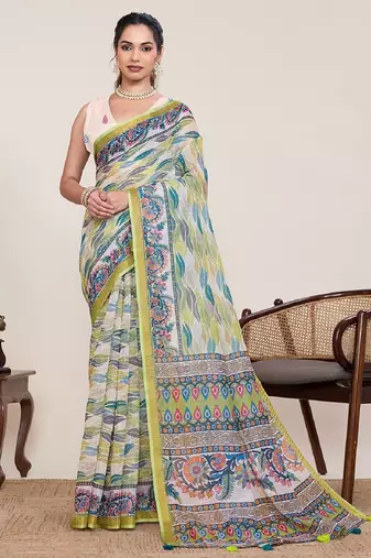 Parrot green digital print with jari border linan saree with blouse