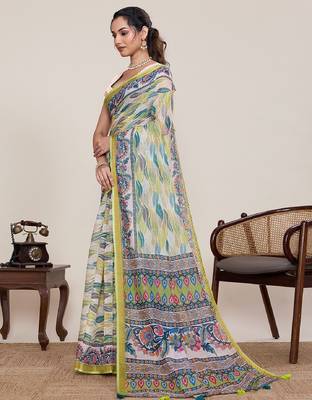 Parrot green digital print with jari border linan saree with blouse 3