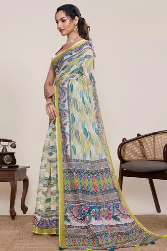 Parrot green digital print with jari border linan saree with blouse