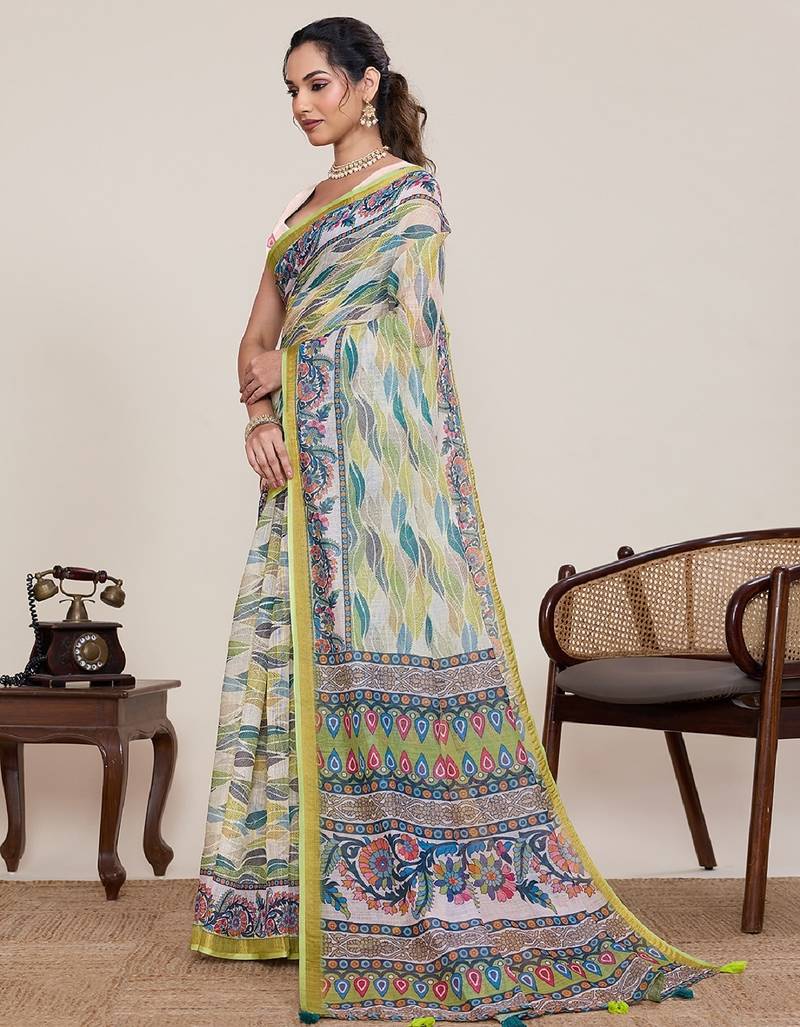 Parrot green digital print with jari border linan saree with blouse
