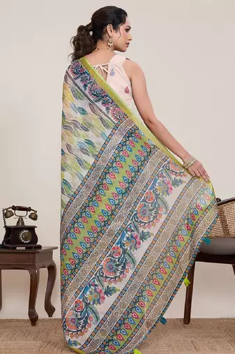 Parrot green digital print with jari border linan saree with blouse