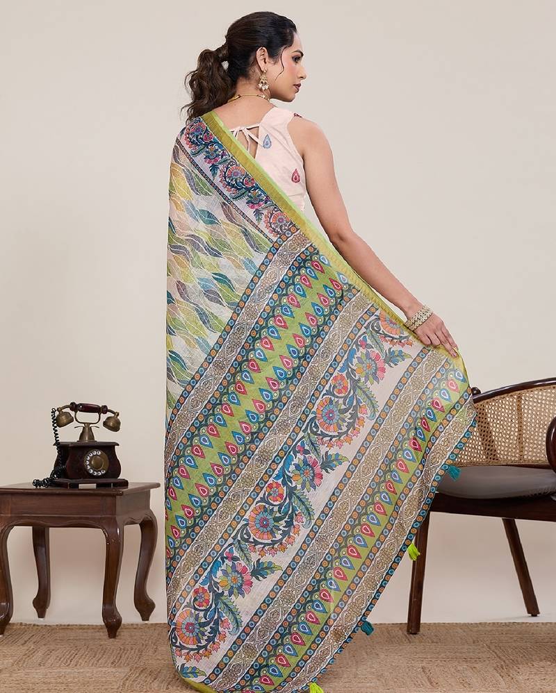 Parrot green digital print with jari border linan saree with blouse