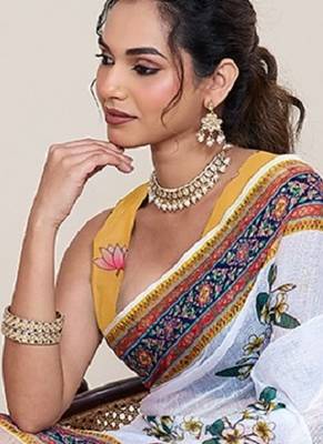 White digital print with jari border linan saree with blouse 2