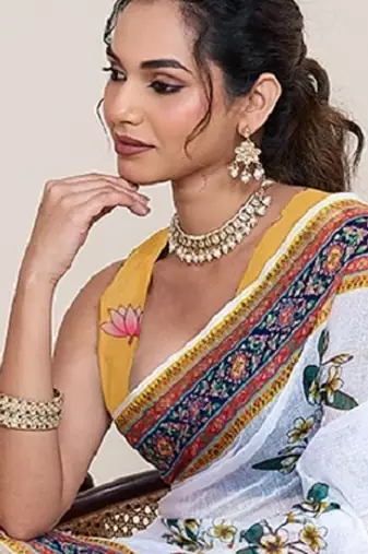White digital print with jari border linan saree with blouse