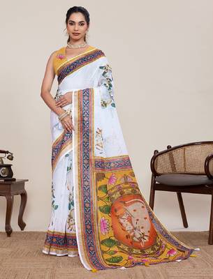 White digital print with jari border linan saree with blouse 1