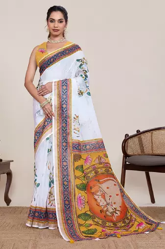 White digital print with jari border linan saree with blouse