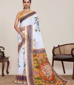 White digital print with jari border linan saree with blouse