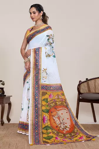 White digital print with jari border linan saree with blouse