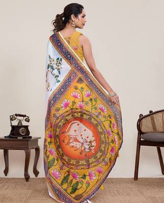White digital print with jari border linan saree with blouse 4