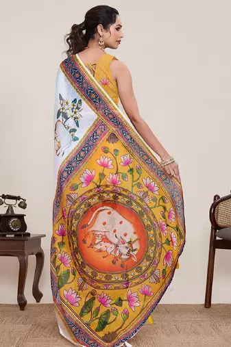 White digital print with jari border linan saree with blouse