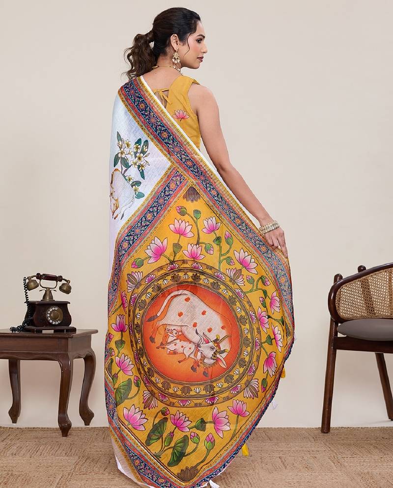 White digital print with jari border linan saree with blouse