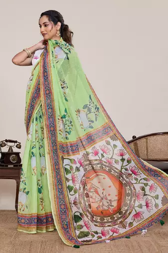 Light green digital print with jari border linan saree with blouse