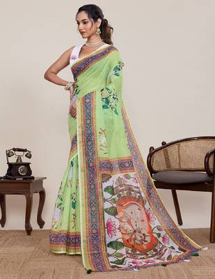 Light green digital print with jari border linan saree with blouse 3