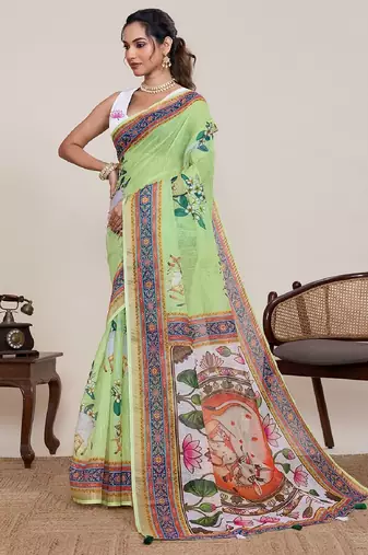 Light green digital print with jari border linan saree with blouse