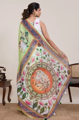 Light green digital print with jari border linan saree with blouse