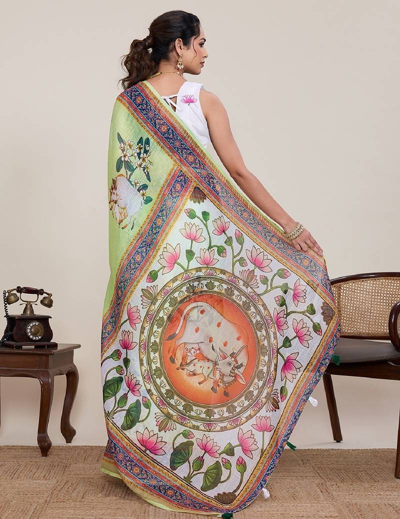 Light green digital print with jari border linan saree with blouse