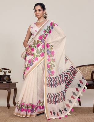 Light pink digital print with jari border linan saree with blouse 1