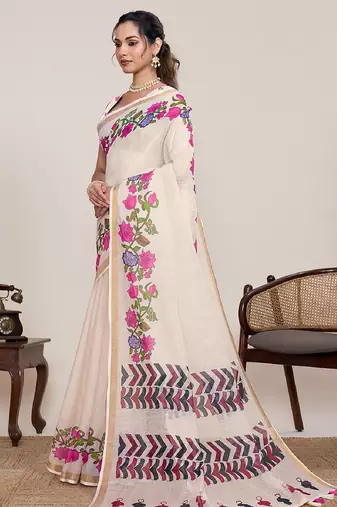 Light pink digital print with jari border linan saree with blouse