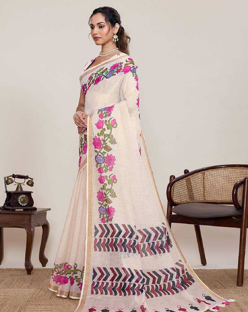 Light pink digital print with jari border linan saree with blouse