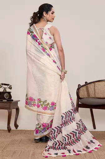 Light pink digital print with jari border linan saree with blouse