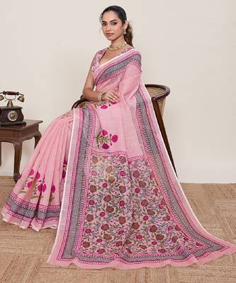 Dark pink digital print with jari border linan saree with blouse 1