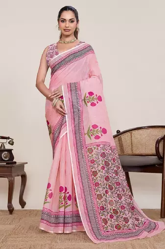 Dark pink digital print with jari border linan saree with blouse