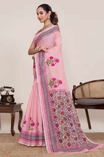 Dark pink digital print with jari border linan saree with blouse