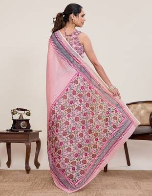 Dark pink digital print with jari border linan saree with blouse 4