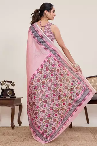 Dark pink digital print with jari border linan saree with blouse