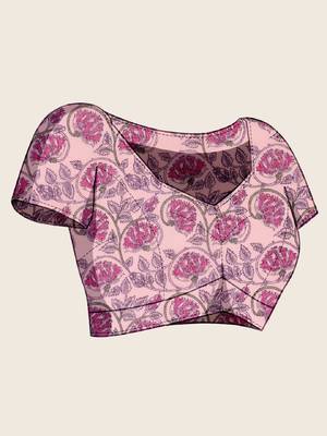 Dark pink digital print with jari border linan saree with blouse 5
