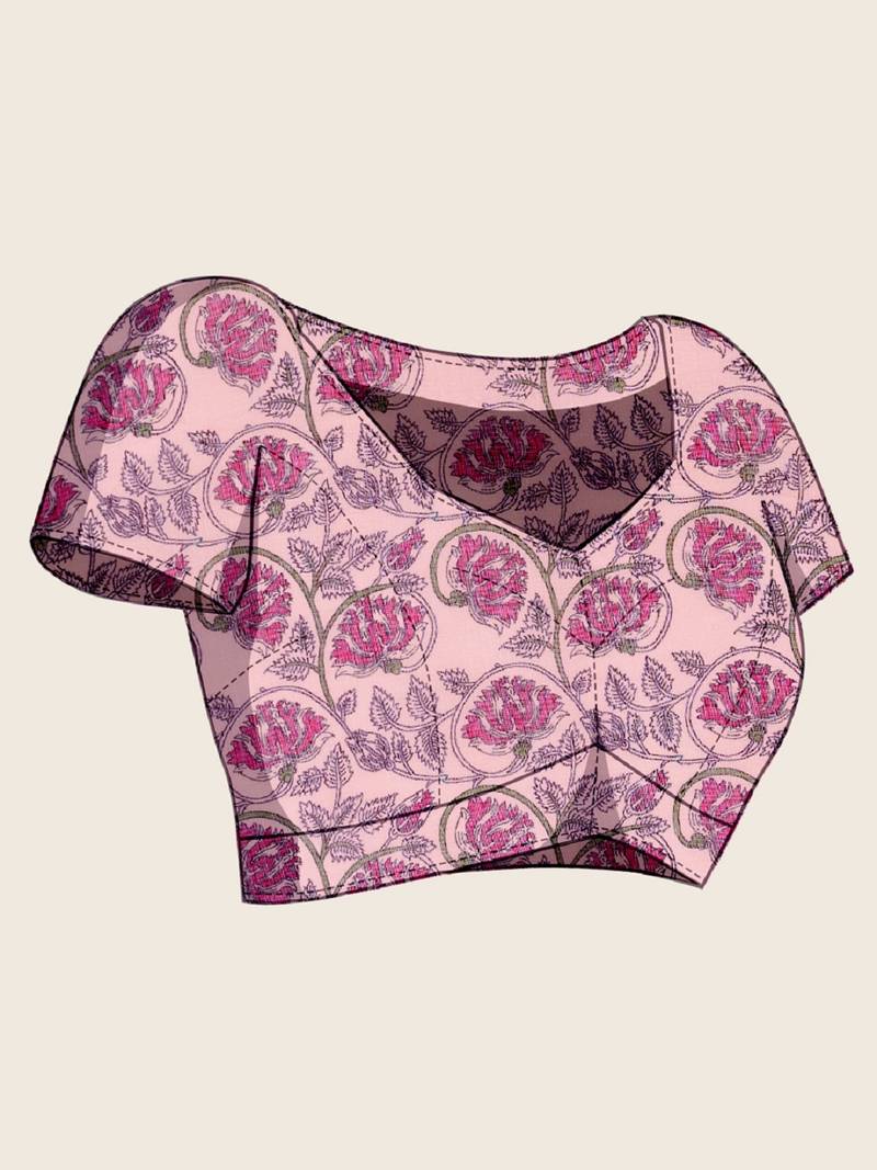 Dark pink digital print with jari border linan saree with blouse