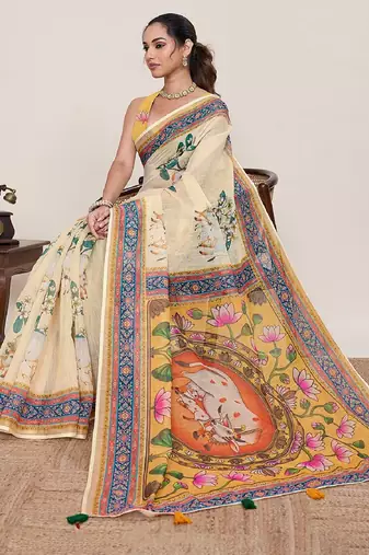 Cream digital print with jari border linan saree with blouse