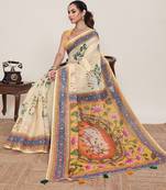 Cream digital print with jari border linan saree with blouse