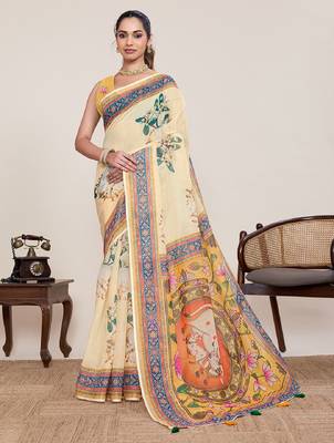 Cream digital print with jari border linan saree with blouse 2