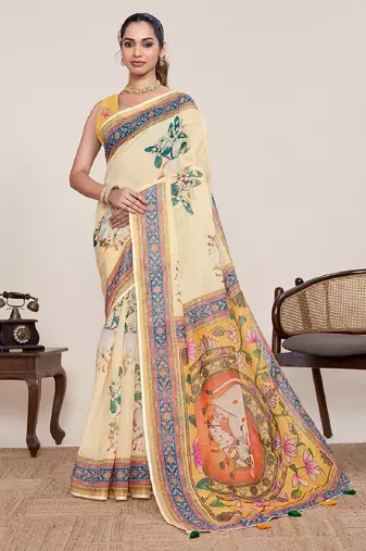 Cream digital print with jari border linan saree with blouse