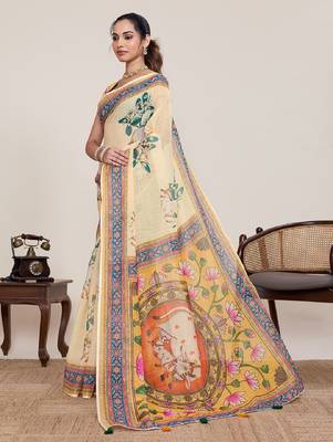 Cream digital print with jari border linan saree with blouse 3