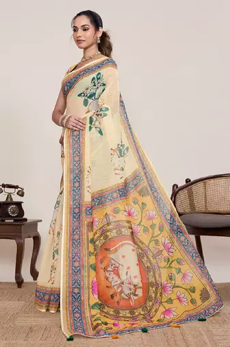 Cream digital print with jari border linan saree with blouse