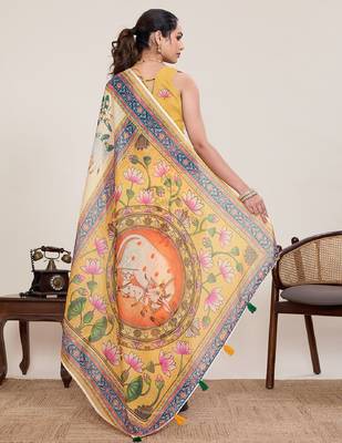 Cream digital print with jari border linan saree with blouse 4