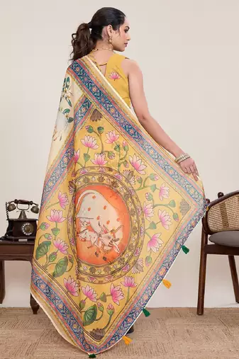 Cream digital print with jari border linan saree with blouse