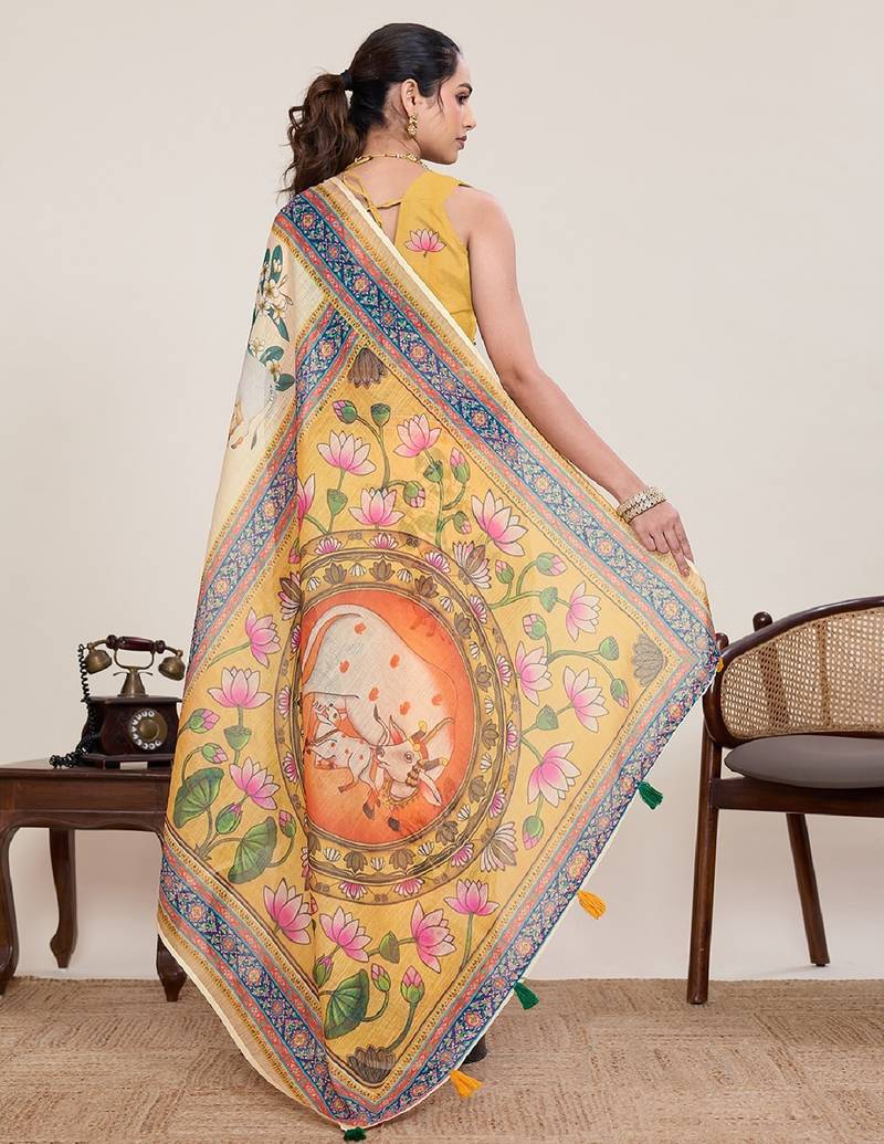 Cream digital print with jari border linan saree with blouse