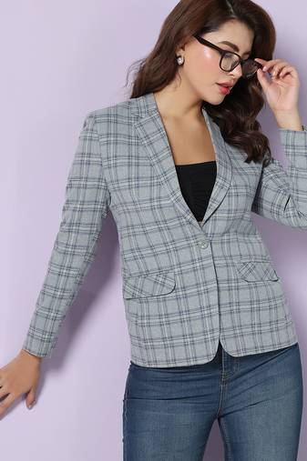 Checked notched lapel single-breasted woolen blazer