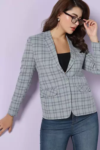 Checked notched lapel single-breasted woolen blazer