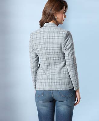 Checked notched lapel single-breasted woolen blazer 2