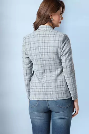 Checked notched lapel single-breasted woolen blazer