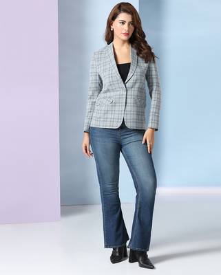 Checked notched lapel single-breasted woolen blazer 3
