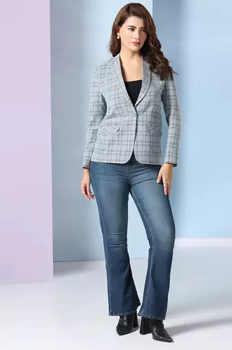 Checked notched lapel single-breasted woolen blazer