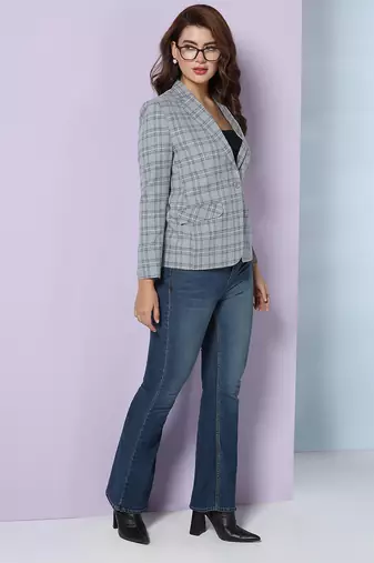 Checked notched lapel single-breasted woolen blazer
