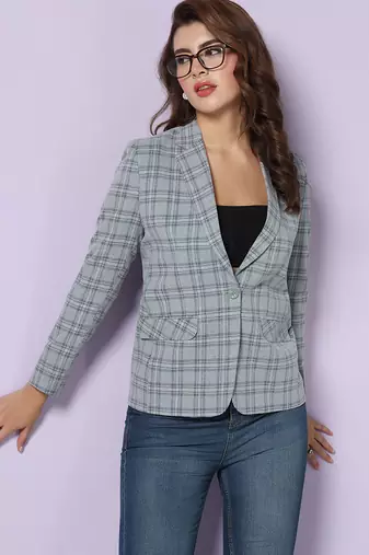 Checked notched lapel single-breasted woolen blazer