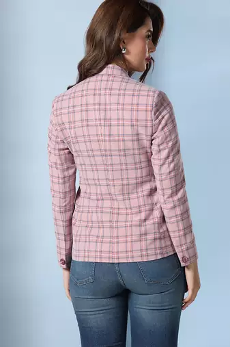 Checked notched lapel single-breasted woolen blazer